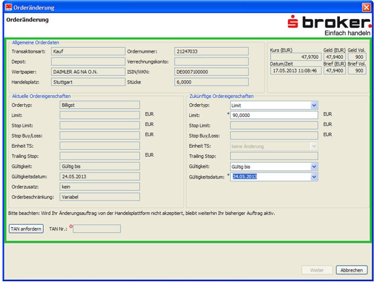 S Broker Marktinvestro pro Ordernderungsmaske