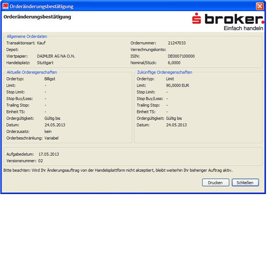 S Broker Marktinvestro pro Orderbesttigung